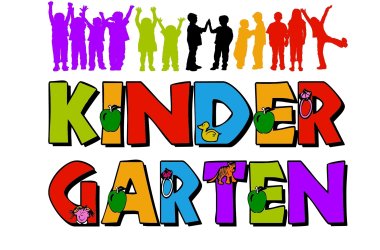 Bunter Schriftzug Kindergarten, Menschen im Hintergrund